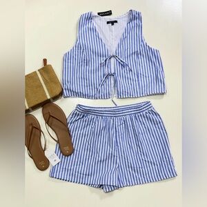 Blue & White Striped Tie-Front Crop Top and Shorts Set